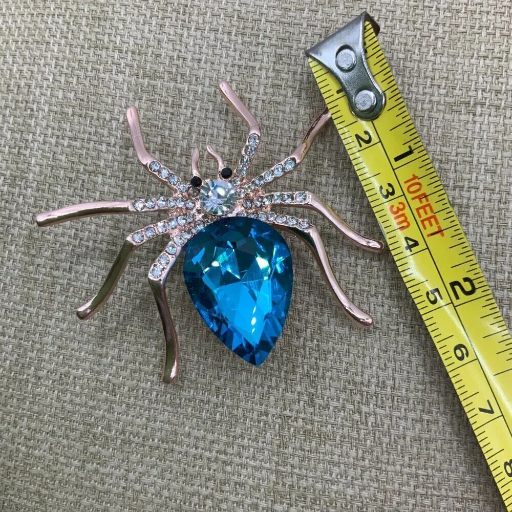 Spider Blue Gold Tone Rhinestone Brooch Pin